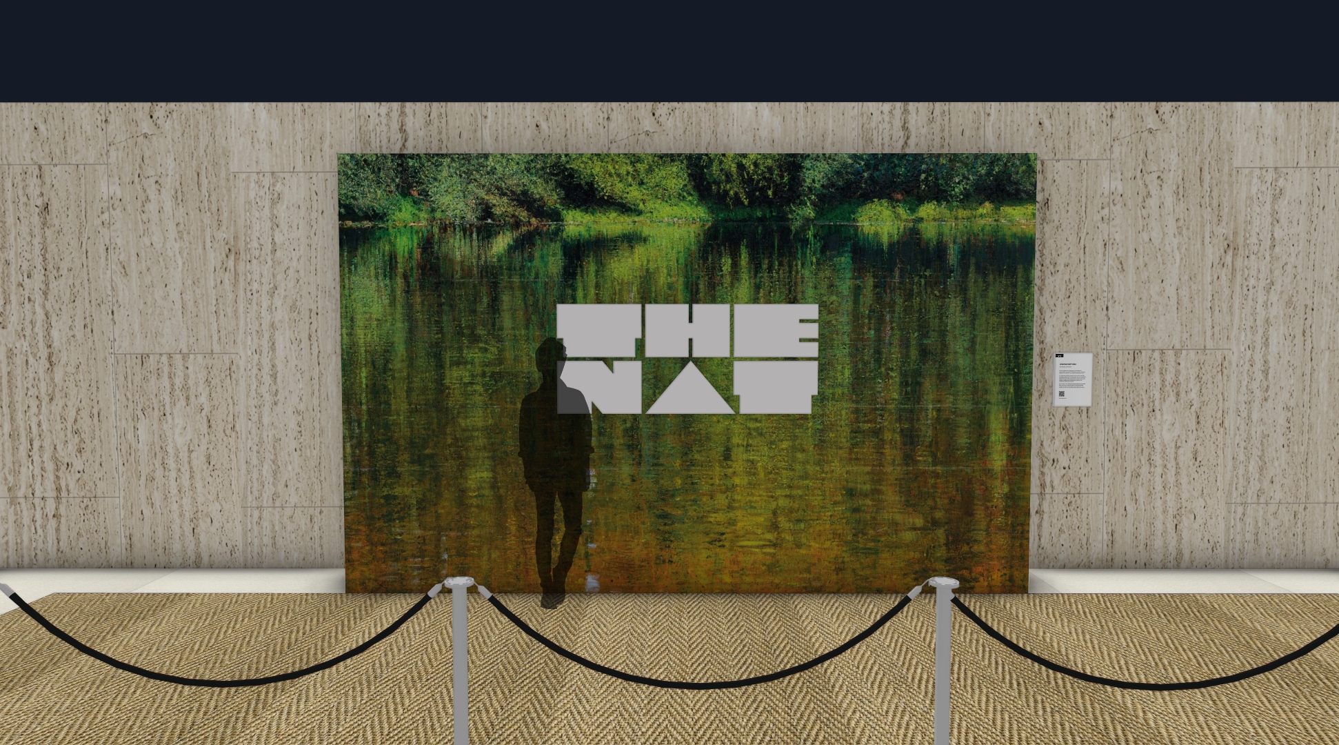 THE NAT GALA natural carpet backdrop, showing a detail of the river painting on a roped-off display