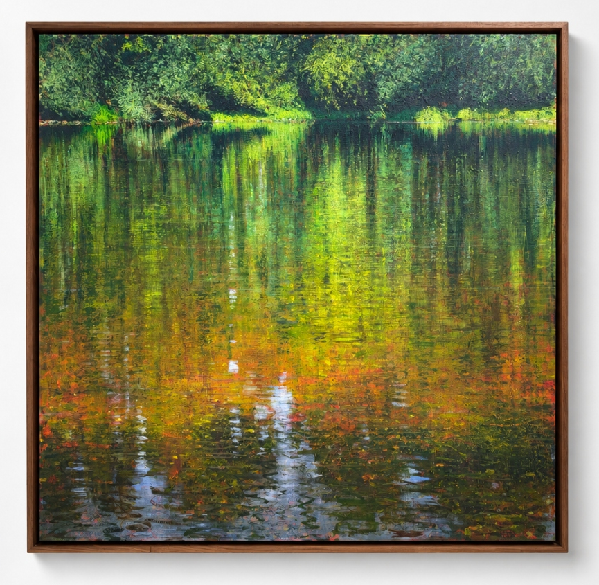 The Dordogne River at Limeuil 2, Andrew Gifford's original painting shown in full, in its walnut frame